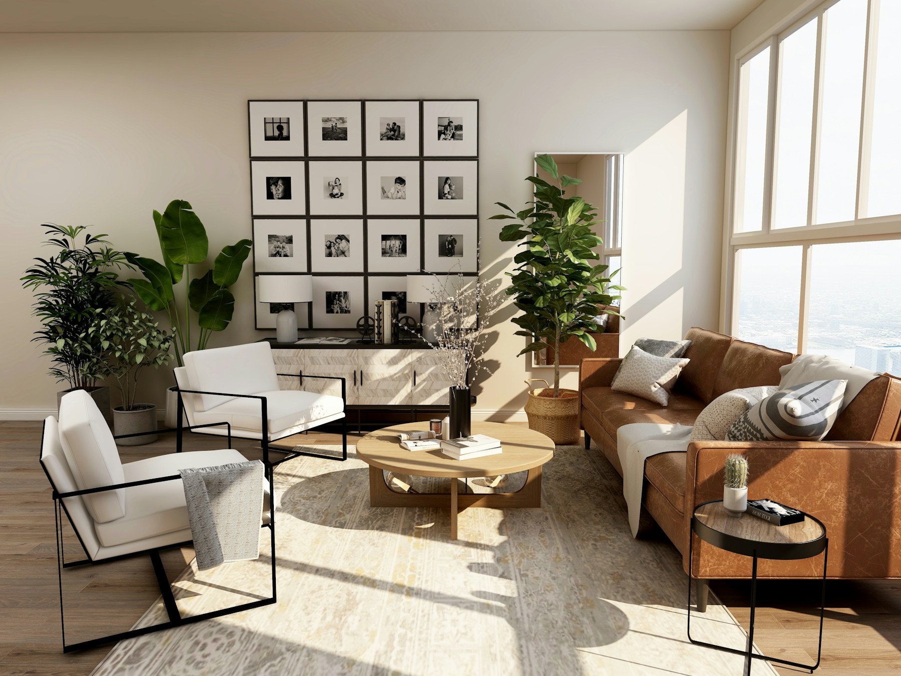 Bright furnished living room with space to settle in